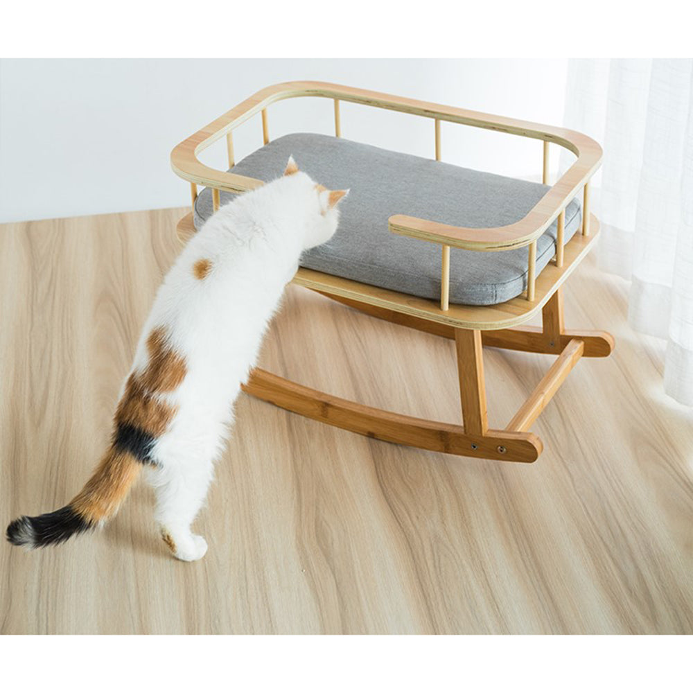 INSTACHEW Rockaby Pet Bed, Comfy and Portable Kitten Couch with Soft Cushion for Small, Medium Cats, Dogs, Long Lasting Cat Furniture, Bamboo Wooden Cot - Grey and Brown-4