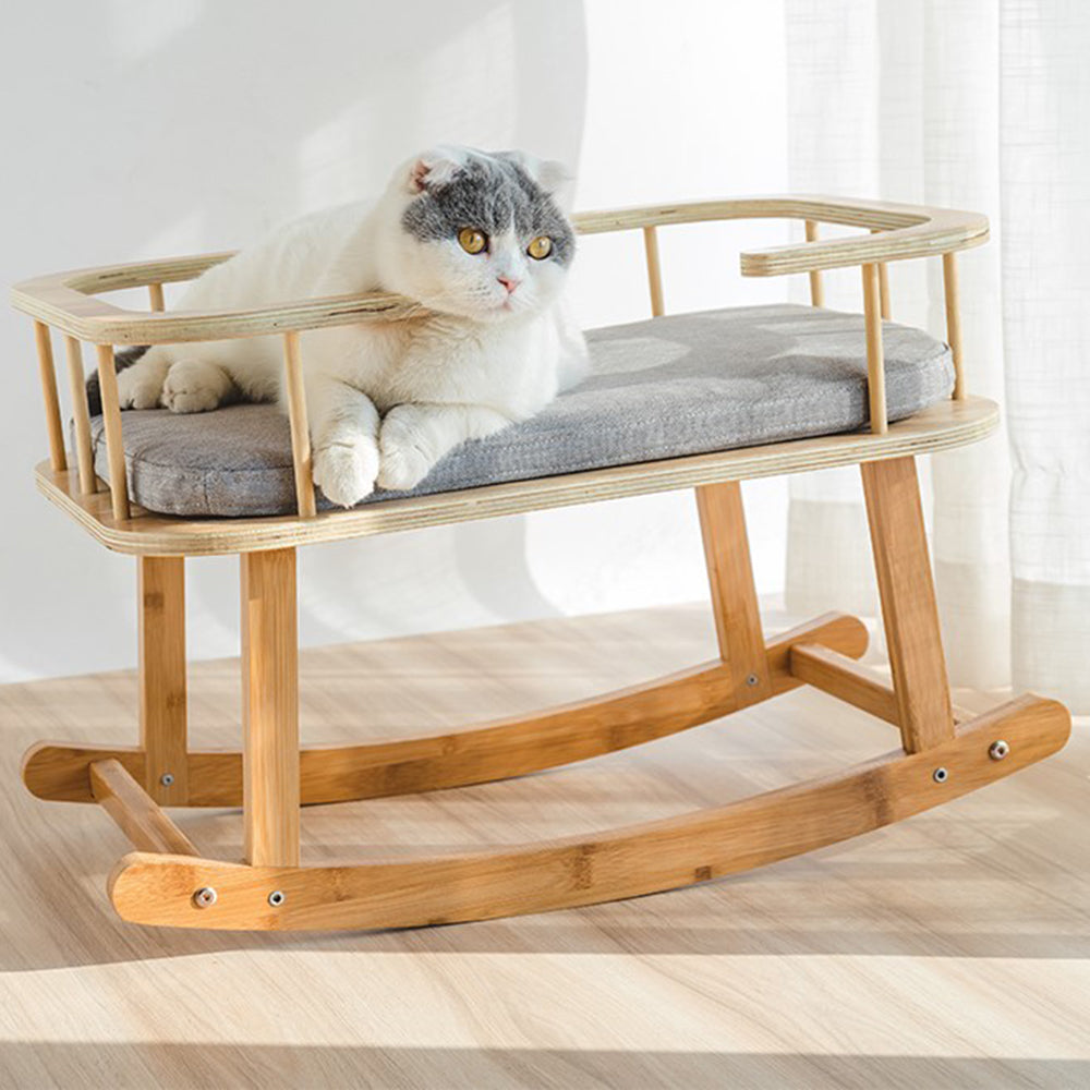 INSTACHEW Rockaby Pet Bed, Comfy and Portable Kitten Couch with Soft Cushion for Small, Medium Cats, Dogs, Long Lasting Cat Furniture, Bamboo Wooden Cot - Grey and Brown-5